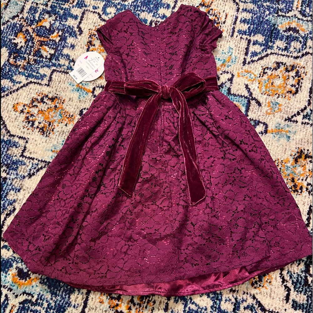 New with tags, girls lace detail dress with velvet tie